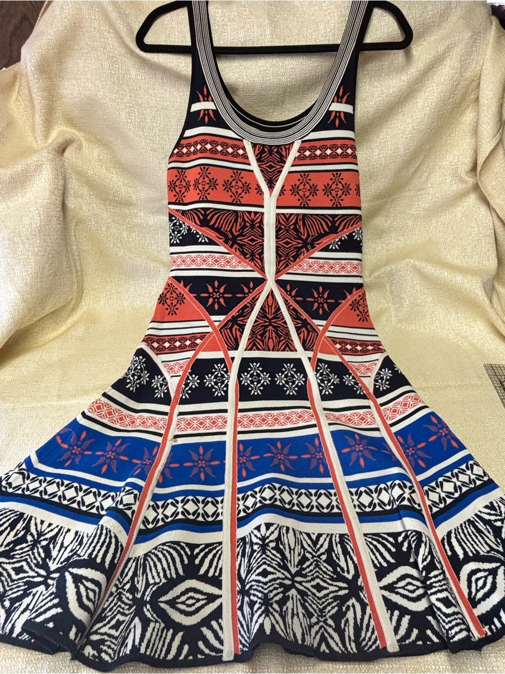Diane Von Furstenberg Red, Blue & Black Patterned Fit-and-Flare Mini Dress